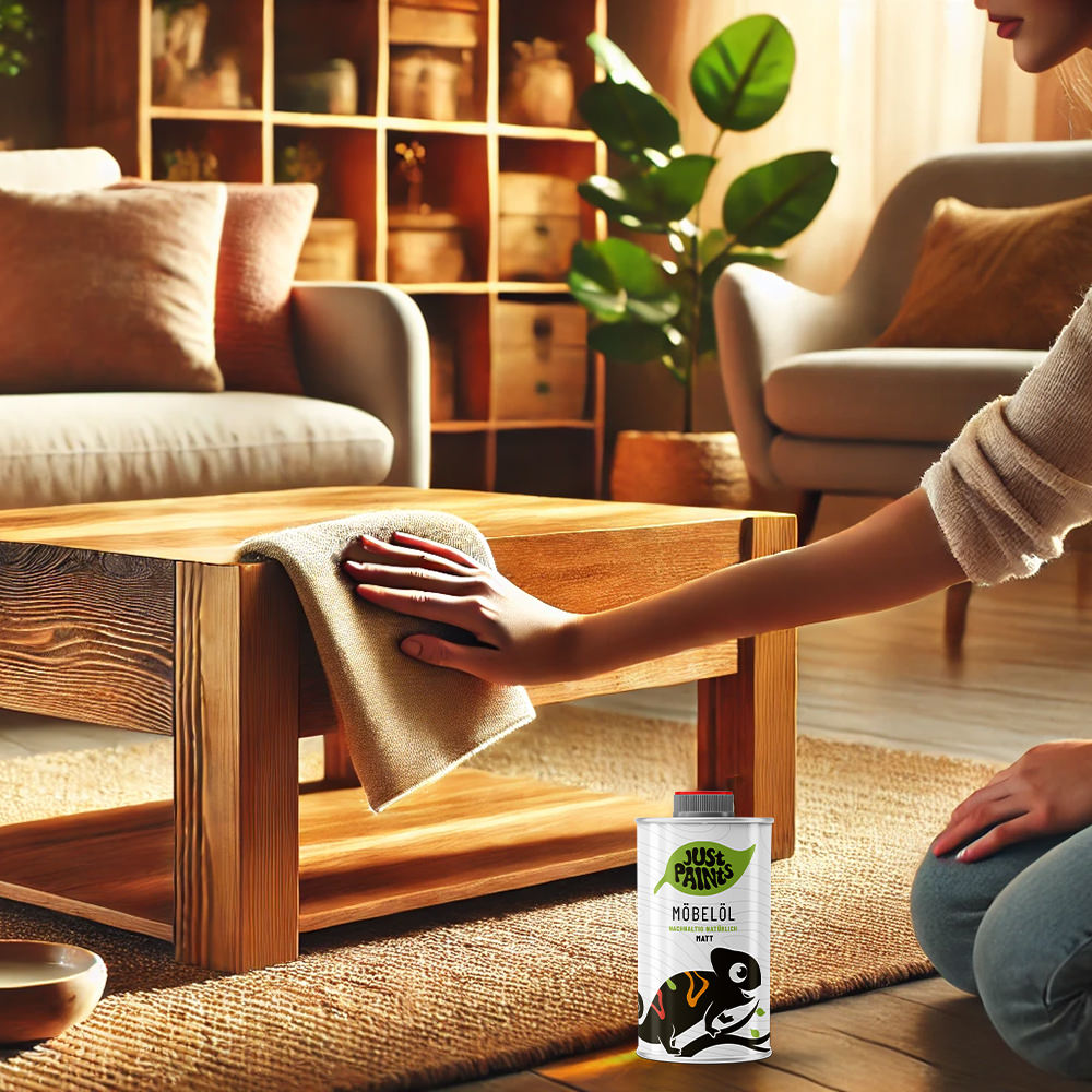 Eine Frau reibt Ihren Couchtisch aus naturbelassenem Holz mit einem Microfasertuch mit Just Paints Möbelöl ein