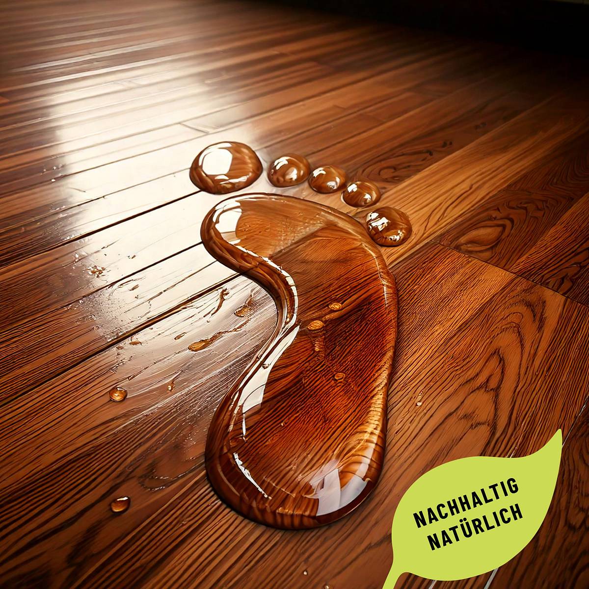 Fußabdruck aus Wasser der auf einem Parkett der mit Just Paints Parkettlack behandelt wurde steht